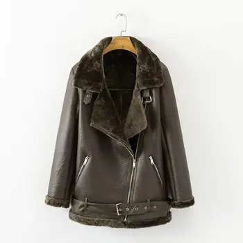 

Autumn Winter Coats European American Woman Punk Lapel Thicken Padded Warm Faux Pu Leather Overcoats