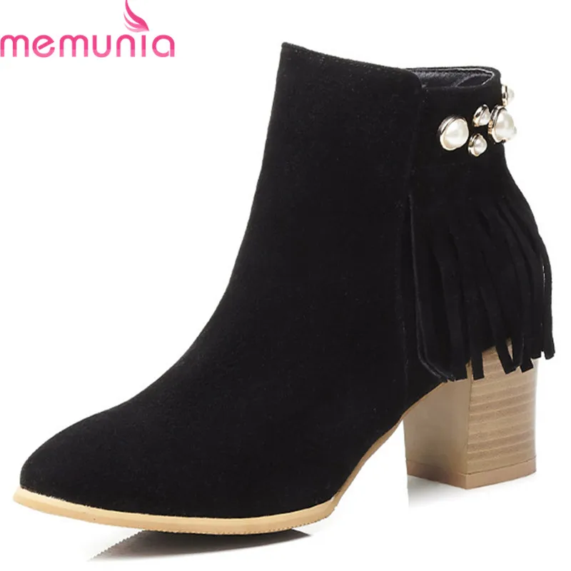 

MEMUNIA 2020 big size 34-43 ankle boots for women round toe fringe Pearl high heels boots elegant autumn winter shoes woman