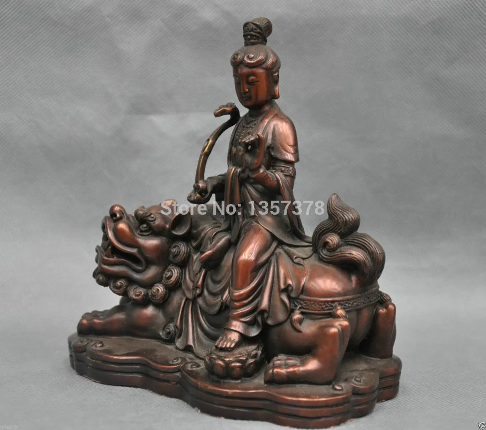 

shitou 00498 8'' China Bronze Samantabhadra Bodhisattva Kwan-yin Ride Lion Statue
