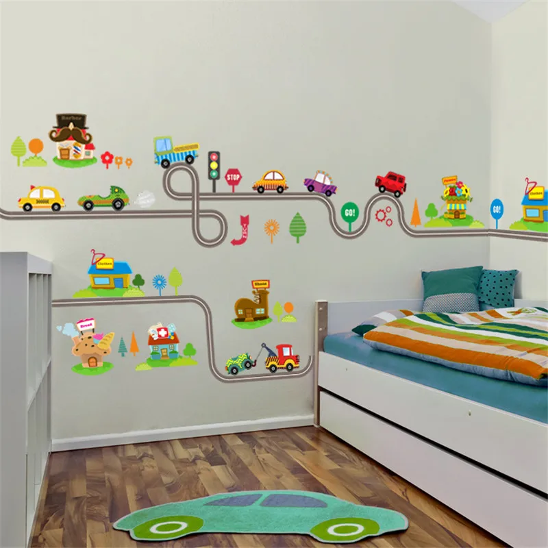 Cartoon DIY Car Highway Track Wall Stickers For Kids Rooms Muursticker Children's Bedroom Decor Wall Art Decals Boy's Gift 20