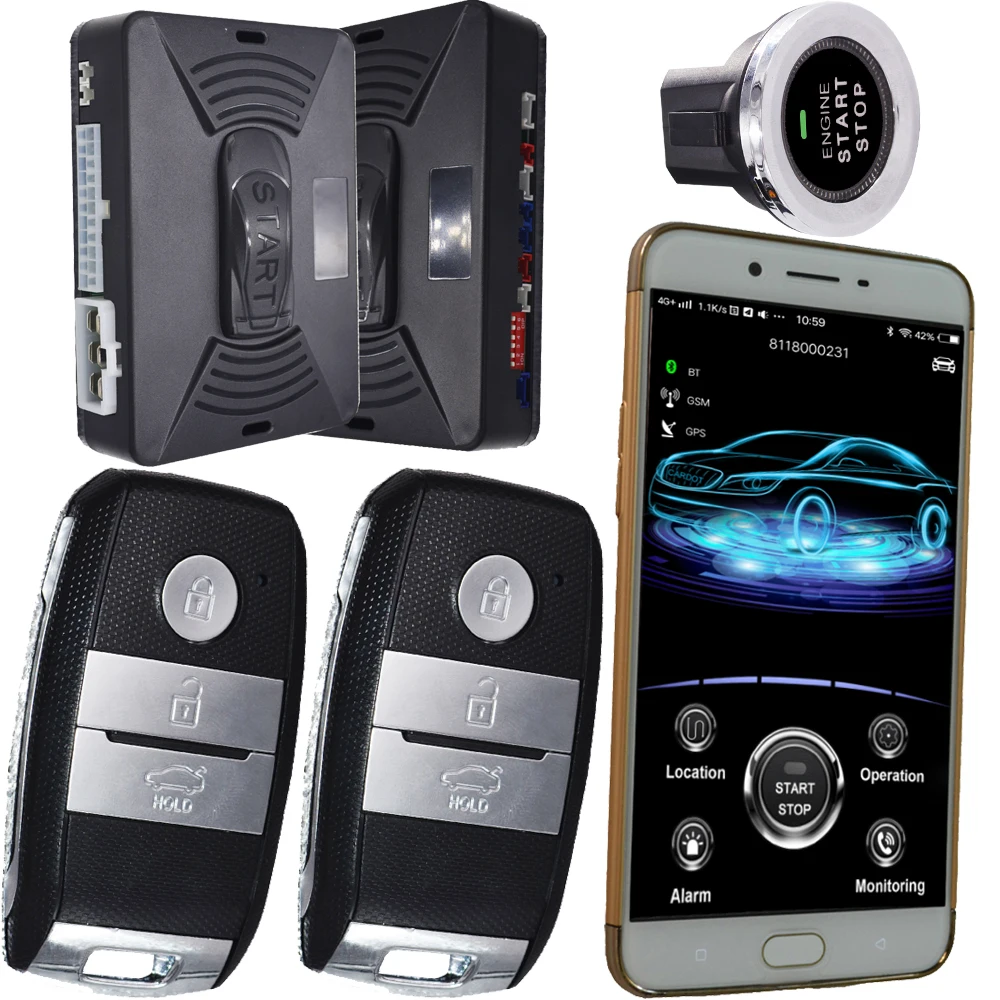 

smart phone app bluetooth auto central lock engine start stop button car alarm sim card sms control easy install car alarm