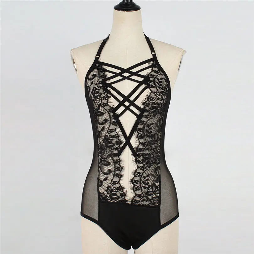 New Women Bandage Sexy Cross Eyelash Lace Bralet Bustier Crop Top Sheer Unpadded Romper Jumpsuit Bodysuit (2)