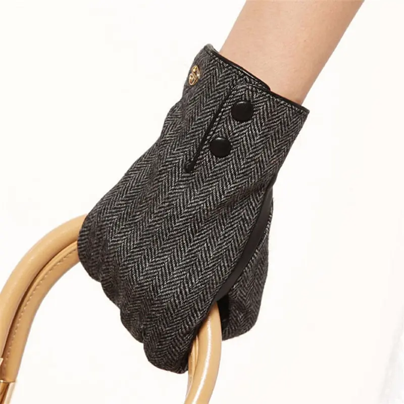 Модные женские зимние перчатки материал из шерстяного войлока поверхность твердая рука овчина перчатки запястья натуральная кожа для вождения EL036NC - Цвет: Черный