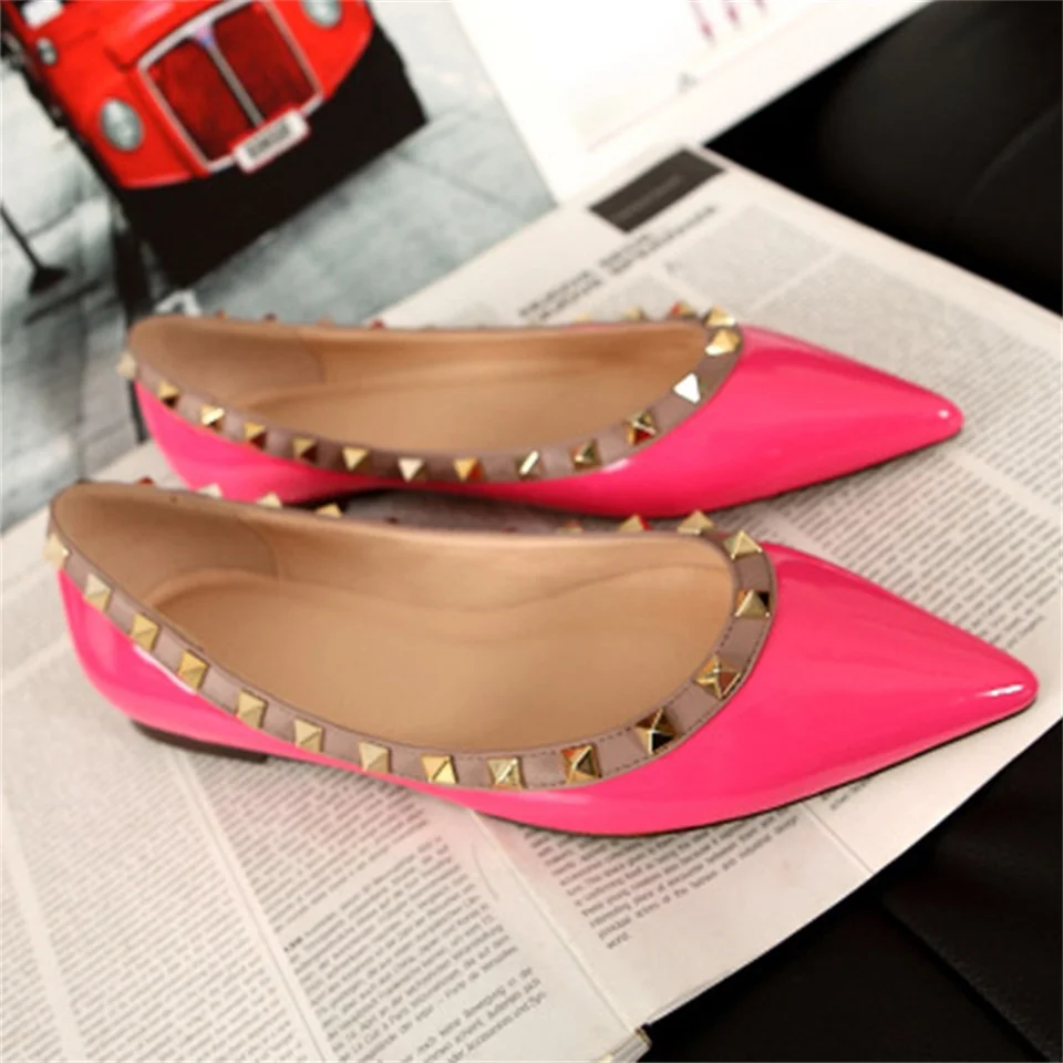 Spring and summer new fashion real leather women's shoes pointed toe rivets comfortable flat shoes women shoes