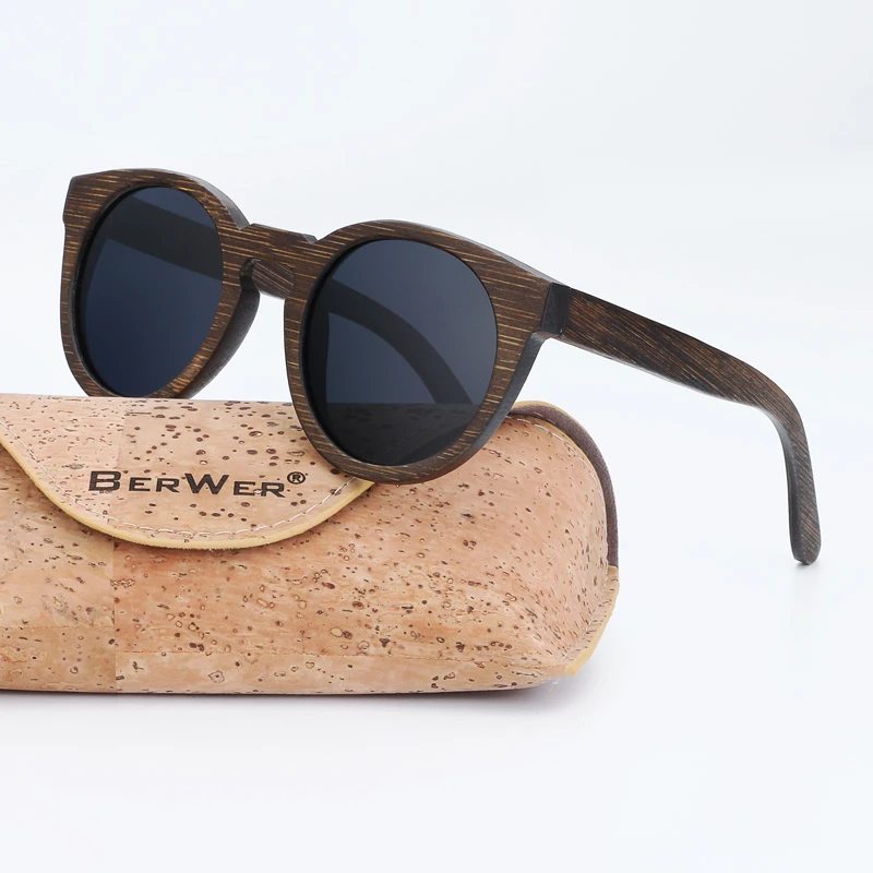 

BerWer 2019 New Product Wood Sunglasses Women/Men Round Bamboo Sun Glasses bamboo Wooden Frame Glasses with cork case