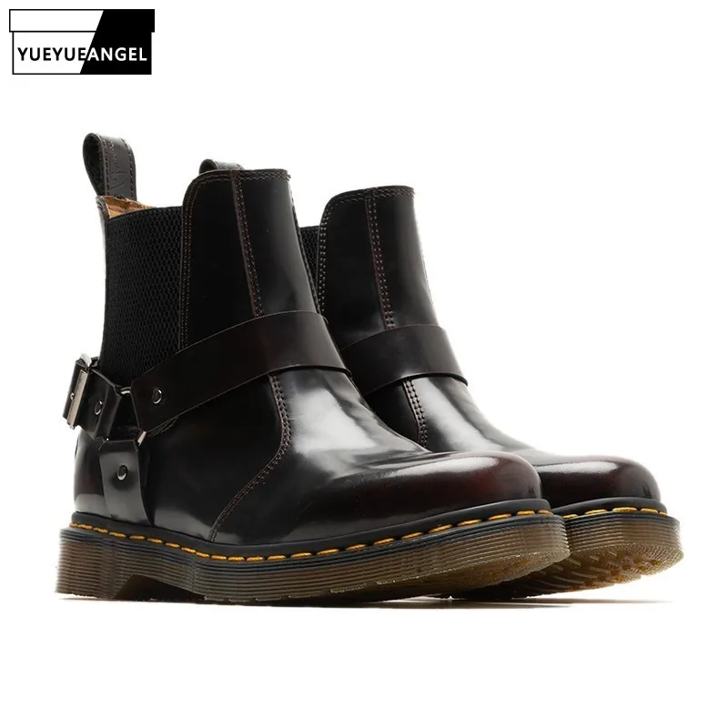 Ботинки «Челси» из натуральной кожи; женские ботинки без застежки с круглым носком и пряжкой на ремешке; высококачественные винтажные боти... Ботинки «Челси» из натуральной кожи; женские ботинки без застежки с круглым носком и пряжкой на ремешке; высококачественные винтажные боти...