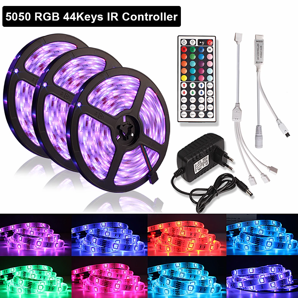 

15M SMD RGB LED Strip Light 5050 2835 10M 5M LED Fita RGB Tape Diode Ribbon Flex Neon Light 44keys Controller DC 12V Adapter Set