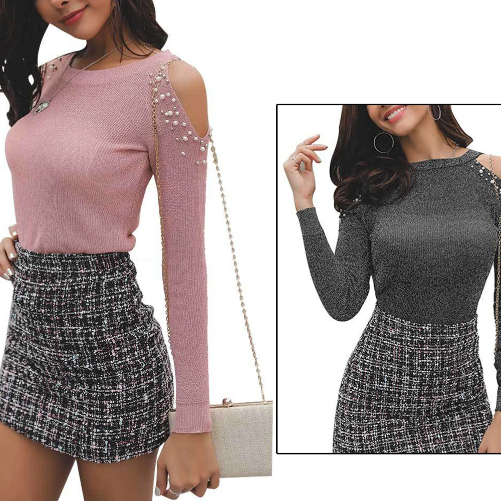 

Fashion Knitting T-Shirt Women Slim O Neck Long Sleeve Wool Blusa Solid Elegant Cold Shoulder T Shirts Bodycon Basic Tees