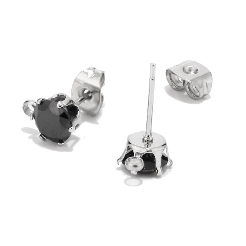 

50pcs 6mm Stainless Steel Round Cut Cubic Zirconia Stud Earring Post with Loop Silver Ear Stud Components for Earrings Making