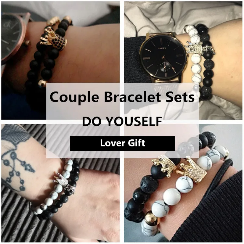 CZ Crown Charms Stone Beads Men Couple Bracelets Jewelry For Women 2Pcs/Set Bangles Sets Masculina Bileklik Pulseira Feminina bracelet jewelry