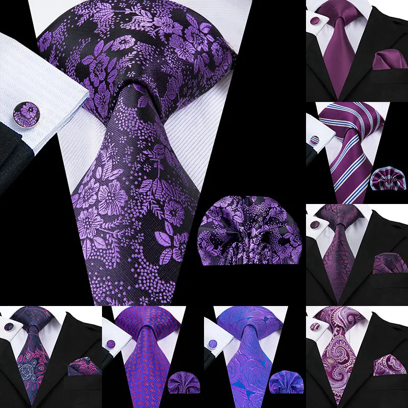 Hi-Tie Luxury Silk Purple Paisley Floral Ties for Men Tie Set Ties and Handkerchiefs Fashion Designer Business Wedding Mens Ties