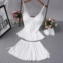 Pijamas talla XXL para mujer, lencería Sexy de seda satinada de verano, ropa de dormir con cuello de pico y tirantes finos de encaje, Pijama de liquidación