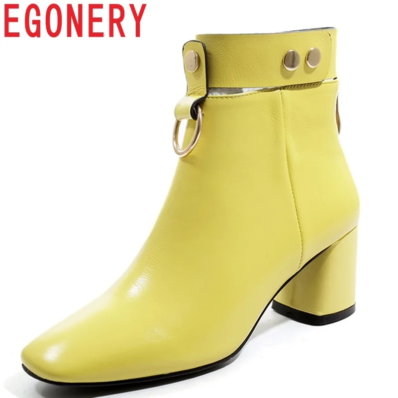 

EGONERY 2019 new fashion square toe metal decoration high strange style genuine leather zip women ankle boots large size shoes