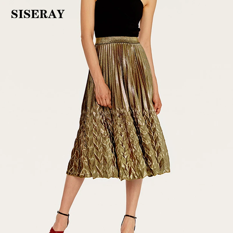 

2019 Fashion Metallic Pleated Skirts Womens High Waisted Ladies Midi Skirt Elastic Waist A Line Skirt For Women Gold Silver