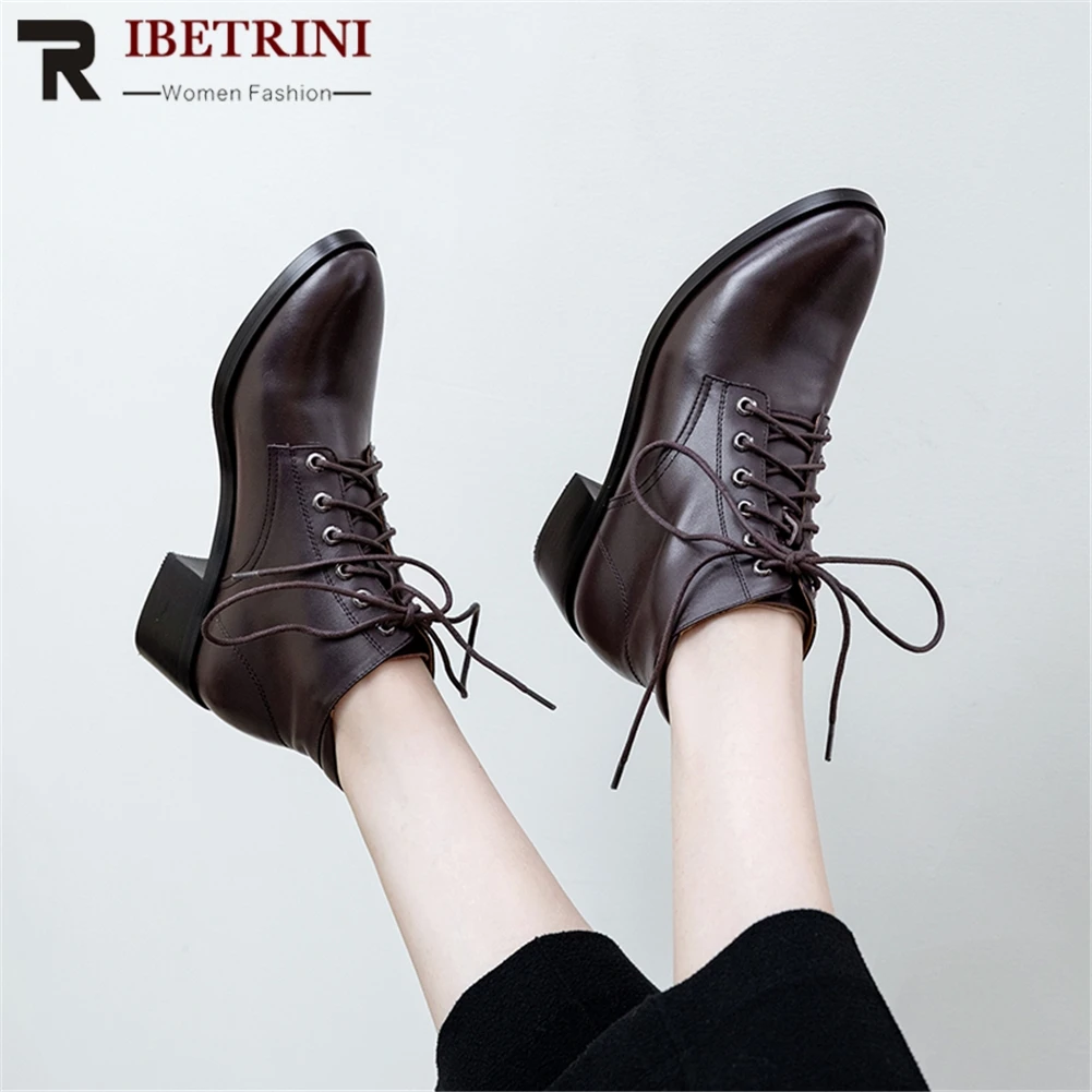 

RIBETRNI New Fashion 2019 Chunky Heels Casual Winter Boots Woman Shoes Lace Up Add Fur Winter Boots Woman Shoes Women Footwear