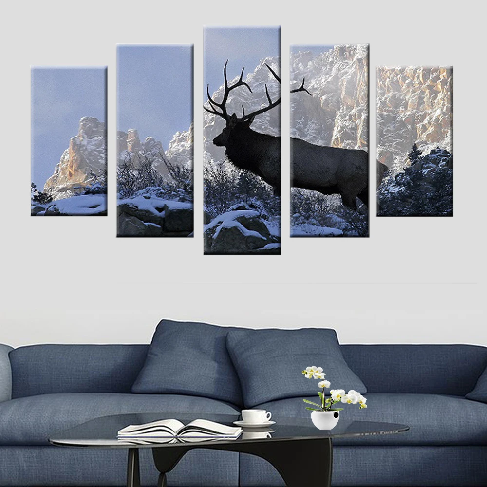 

Canvas 5 Panel Animal Deer Elk in Snow Mountain Landscape Picture Poster Modern HD Print Painting Home Decor Modular Frame