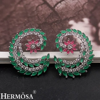 

HERMOSA Fashion Women Stud Earrings Sterling Silver Color Natural Emeraldruby Whitetopaz Nice Jewelry 1 3/8 inch