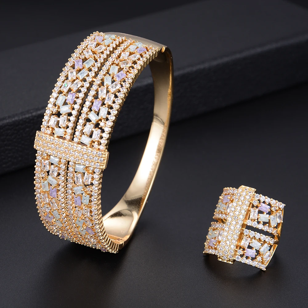 

Women Silver Or Gold Fashion Full Micro Cubic Zirconia Geometry Hollow Bracelet Bangle Ring Sets Dress Jewelry Sets