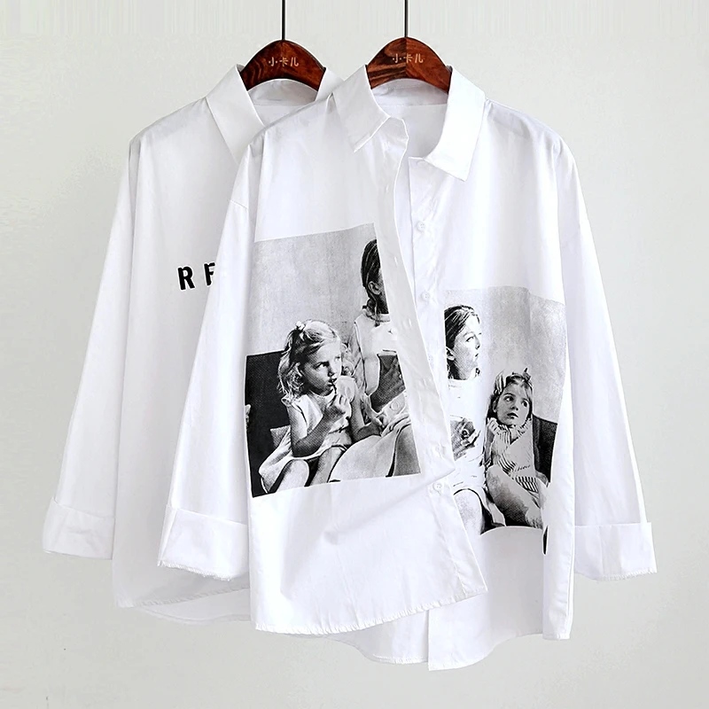 

Characters Print Casual Loose Shirt 2019 Spring Summer Solid Turn Down Collar White Blouse Harajuku Korean Blusa J349