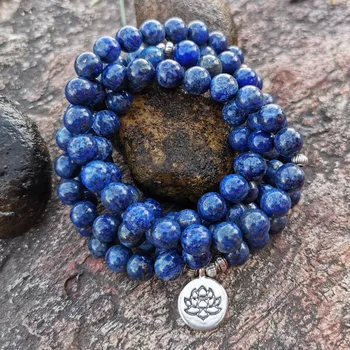 

8mm Natural Lapis lazuli bracelet with Lotus OM Buddha Charm Yoga Bracelet 108 mala necklace