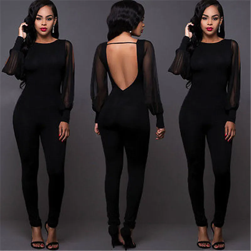 

New Sexy Women Backless Party Milk Silk+Mesh Jumpsuit Playsuit Bodycon Romper Trousers Clubwear