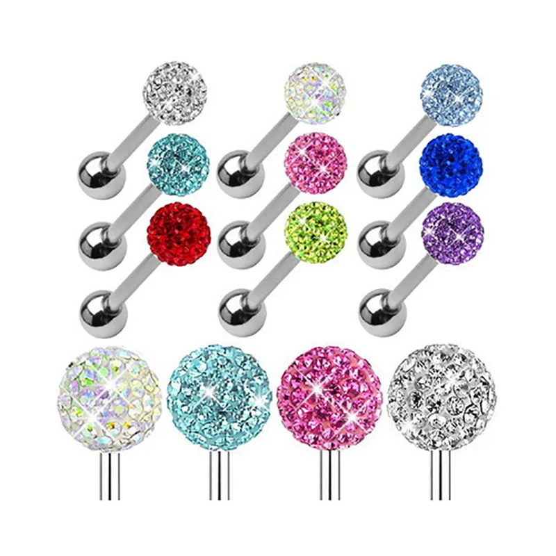 14G Sexy Tongue Rings Barbell Tongue Piercing Jewelry Bar Stainless Steel Crystal Disco Ball Anti-allergic  Mix Colors For Women1