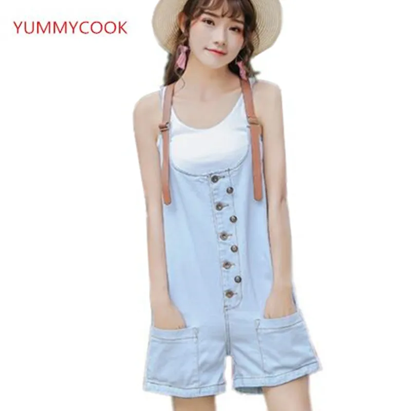 

Summer Sweet fresh pure color loose large size cowboy strap shorts female fashion was thin cowboy Rompers Women's clothingA128