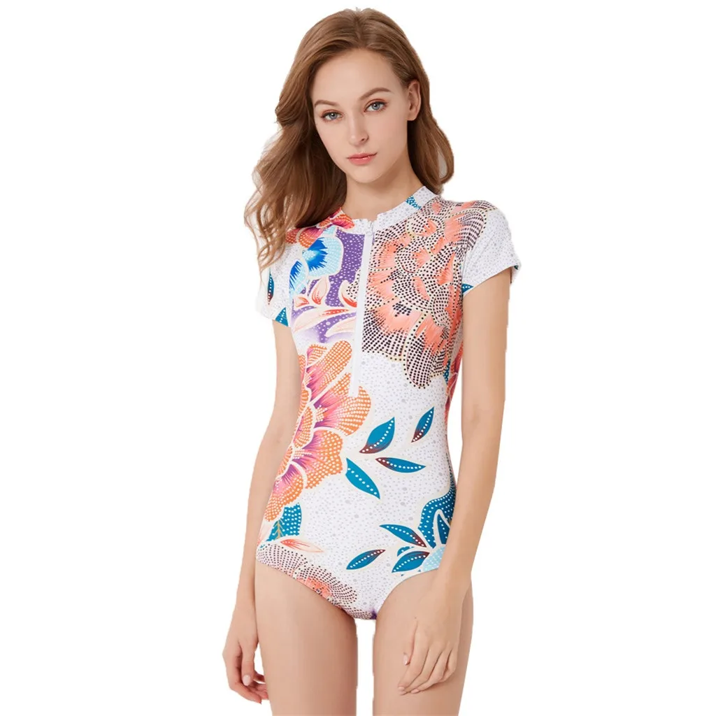 

Short Sleeves Rash zipper surf suit Women Surf Swimwear Floral Two Piece Swimsuit for Diving Swimming Suit Wetsuits A16