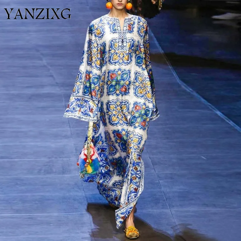 

Women V Neck Print Long Sleeve Maxi Dresses Loose Split Bohemia Dresses Sexy Long Print Floral Maxi Dress 2019 Z113