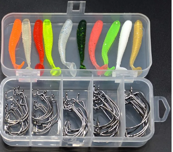 60 Pieces Set Мягкий шуруп для приманки T приманка Tail Grub крючки для Червяков 60 шт. набор искусственных рыболовных снастей - Цвет: 60 Pieces Set