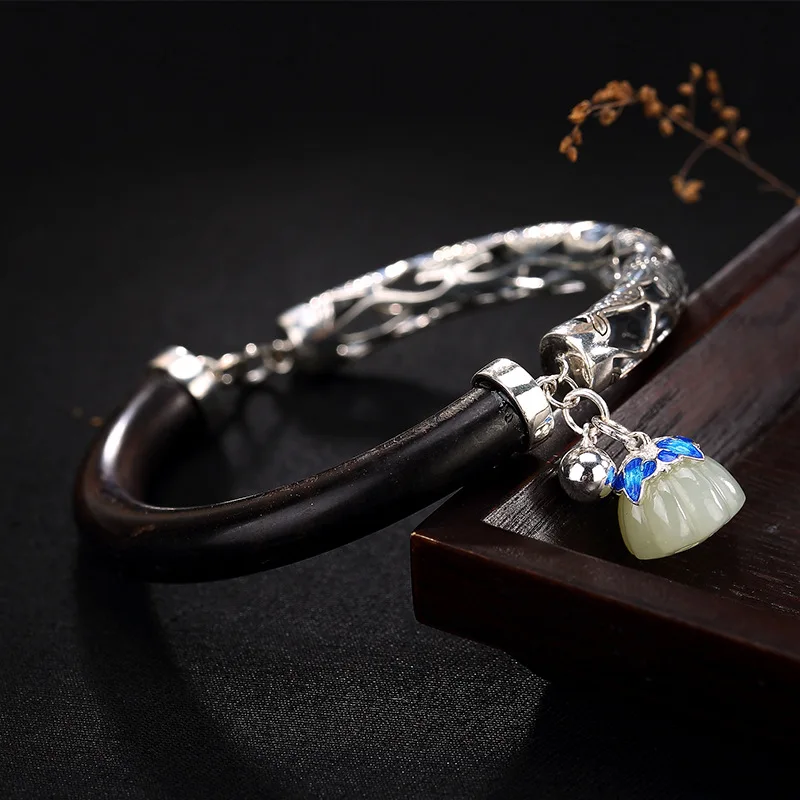 

Genuine Solid 925 Sterling Silver Bangles For Women Fish Engraved Enameling Natural Stone Lotus Charm Buddha Prayer Jewelry