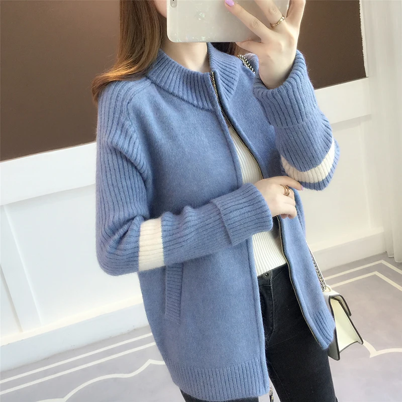 

Knitted cardigan 2019 autumn winter women's new color matching net red zipper, Korean casual wear sweater jacket