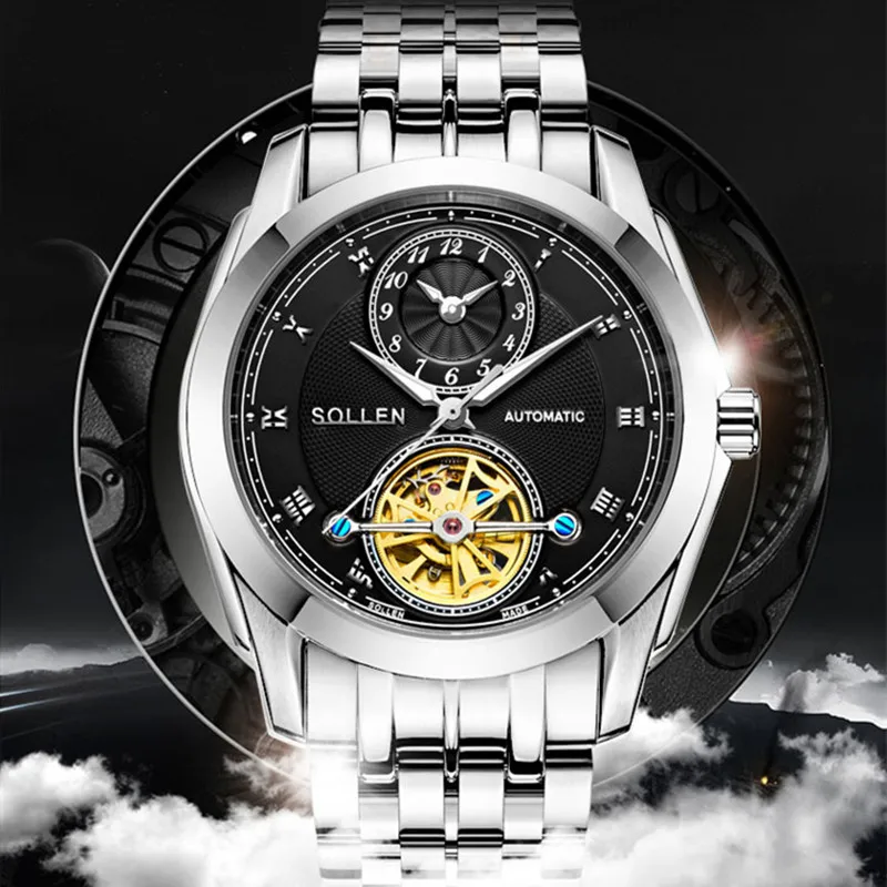 

SOLLEN Brand Men Watches Male business Automatic machinery Watch men's 30M waterproof stainless steel wristwatch relojes hombre