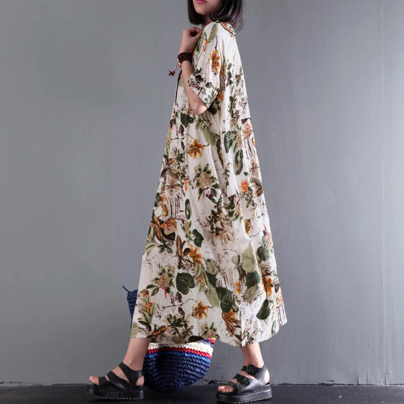 ZANZEA женское винтажное повседневное хлопковое льняное длинное платье с круглым вырезом и коротким рукавом летнее модное платье с цветочным принтом