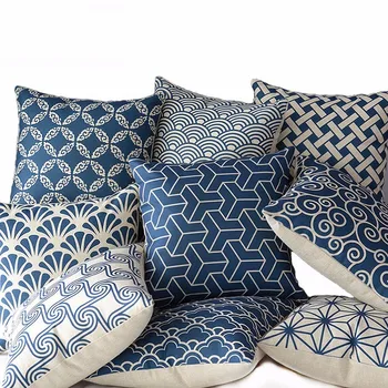 

High Quality Linen Cotton Deep Blue Geometry Throw Pillow Case Car Chair Home Decor Cushion Cover Luxury Printed Almofada Cojine