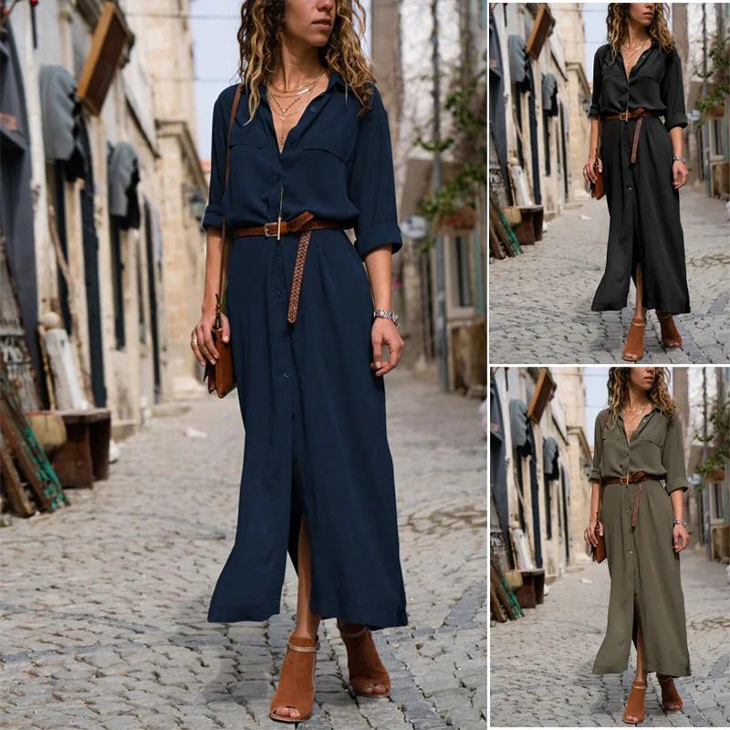 New Hot Fashion Button Long Dress Elegant Women Dresses Casual Work Dress Plus Size Pocket Slim Black Dresses Women Long Sleeves