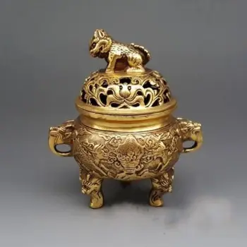 

Crafts statue Antique China Copper Kylin Qilin Beast Handle Incense Burner Censer
