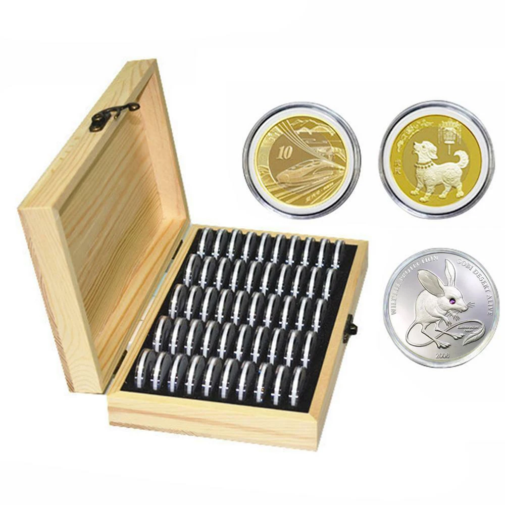 

2019 New Box With 50 Capsules 21.5*13.5*4.5 CM Wooden Coins Display Storage Box Case for Collectible Coin