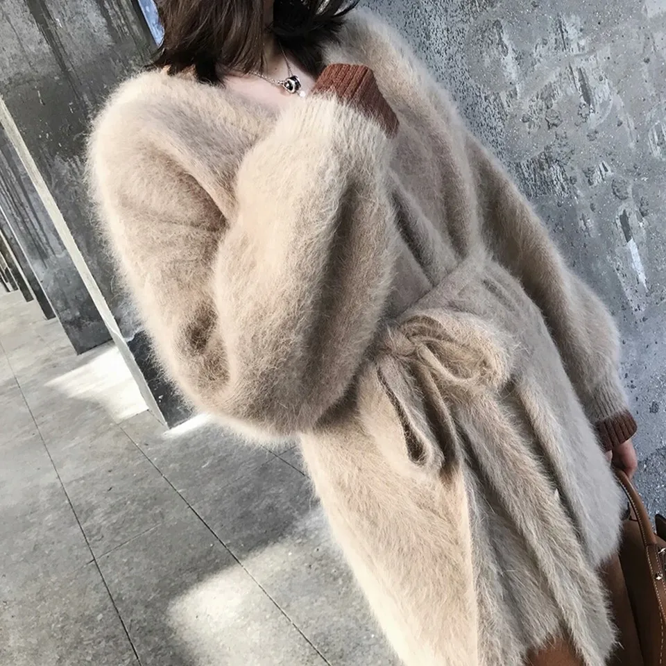 

100% Genuine Mink Cashmere Sweater Women Pure Mink Cashmere Cardigan Knitted Coat With Belt Free Shipping JN566