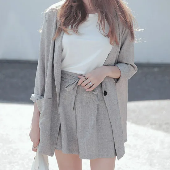 

Cotton Linen Summer Suit Female 2 Pieces Set Tracksuit for Women Loose Blazer & Bow Elastic Waist Short Pant Suits High Quality