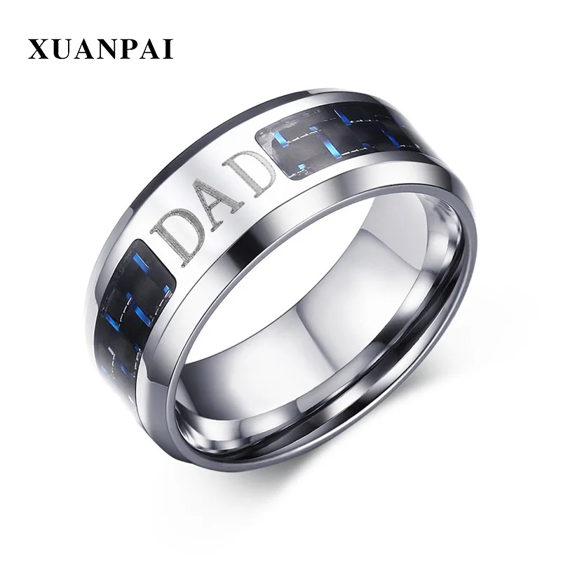 XUANPAI Stylish Blue Carbon Fiber Ring for Men Stainless Steel Finger Ring to Dad Family Love Jewelry
