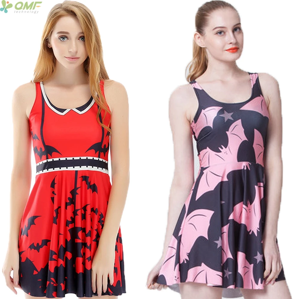 Pink Bat Print Summer Dress Casual Harajuku Reversible Tank Dress Black