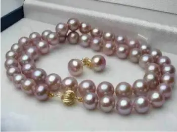 

genuine 9-10mm Purple natural south sea Pearl Necklace+earring 18" t
