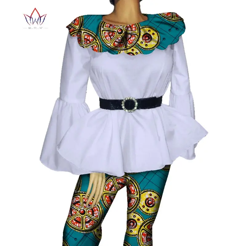 Дашики для женщин Африканский Базен riche длинный рукав летний топ и брюки комплект с круглым вырезом Костюм Традиционный хлопок одежда ни WY028