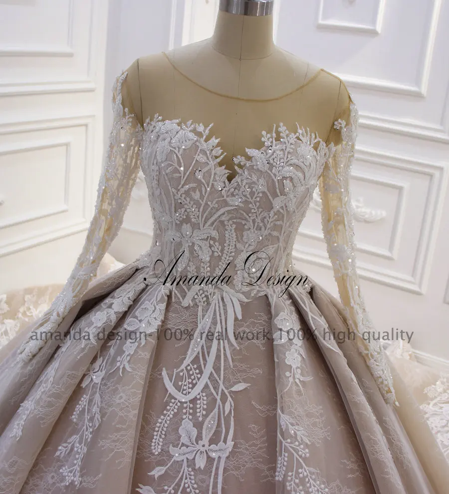 Аманда дизайн brautkleider hochzeitskleid длинный рукав кружевная Апликация Плиссированное бальное платье свадебное платье