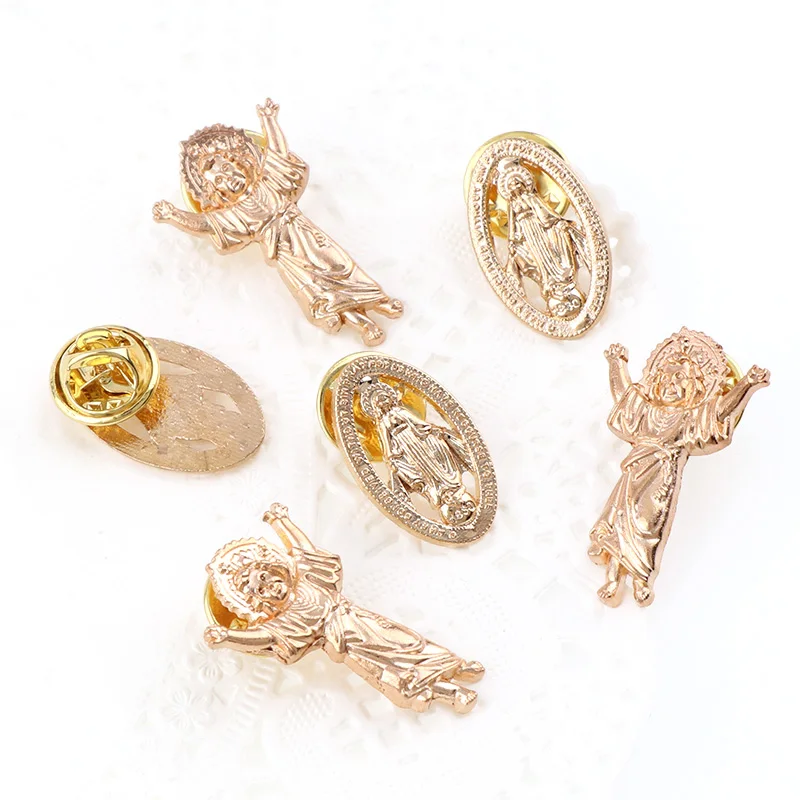 

12 Pieces Religious Alloy Maria Brooches Pins Ellipse Hollow Gold Color and Holy Child Jesus Baby Brooches Jewelry