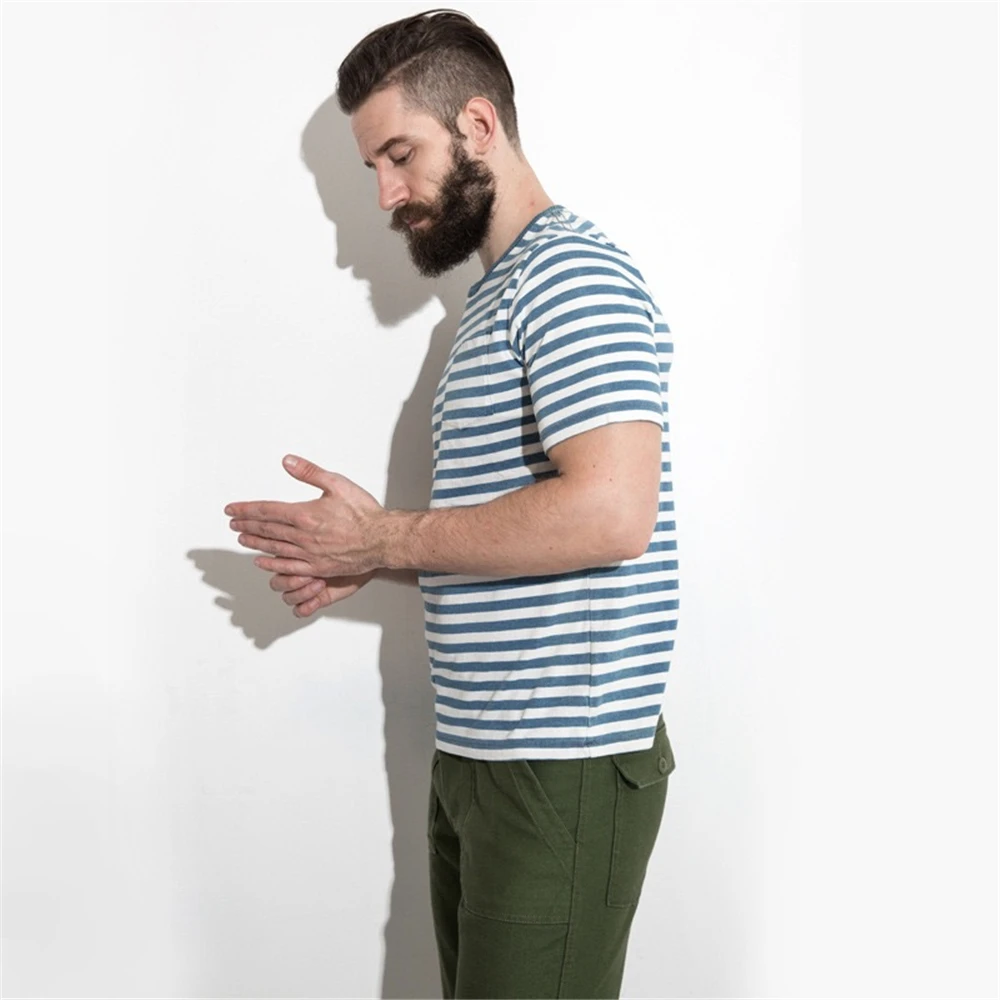 Summer round neck men's short-sleeved striped t-shirt retro college wind navy sailor blue and white striped loose casual top Summer round neck men's short-sleeved striped t-shirt retro college wind navy sailor blue and white striped loose casual top