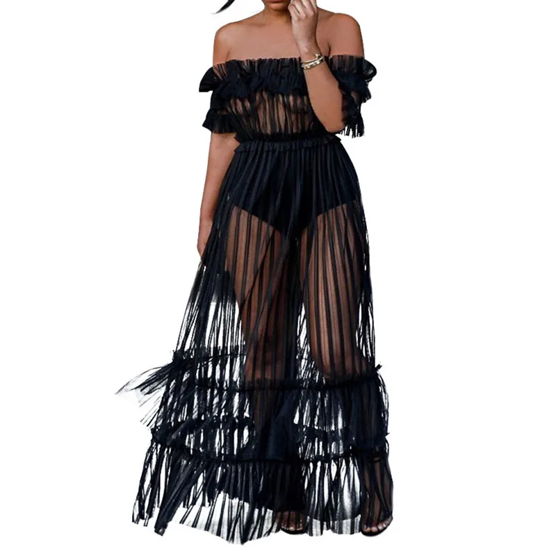 

2019 Sheer Mesh Maxi Dress Women Off Shoulder Summer Dress Frill Night Club Sexy Party Dress See Through Long Dresses