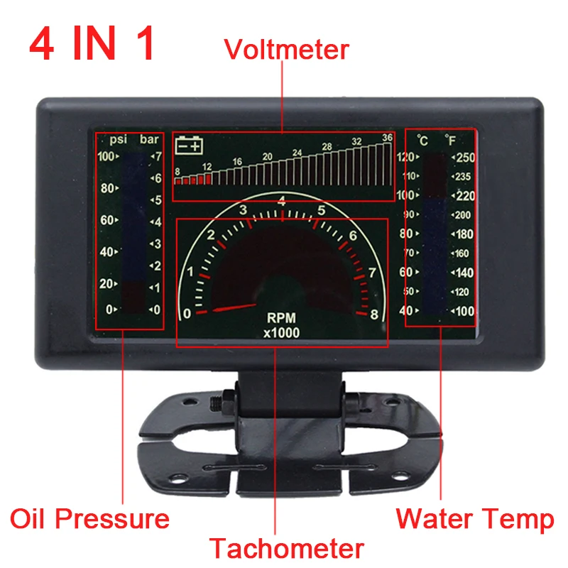

4 In 1 Tachometer LCD Gauge RPM Meter Inter Oil Pressure Gauge Volts Water Temp with Sensor NPT 1/8 Car Accessories tacometro