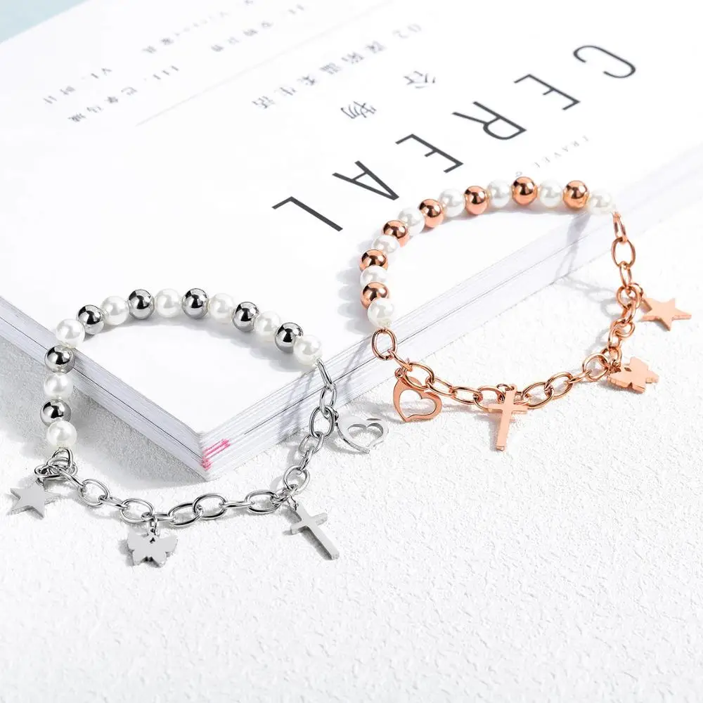 Stainless Steel Silver Rose Gold Color Cross Butterfly Love Heart Star Pattern Bead Decorating Chain Bracelets Jewelry for Woman | Украшения